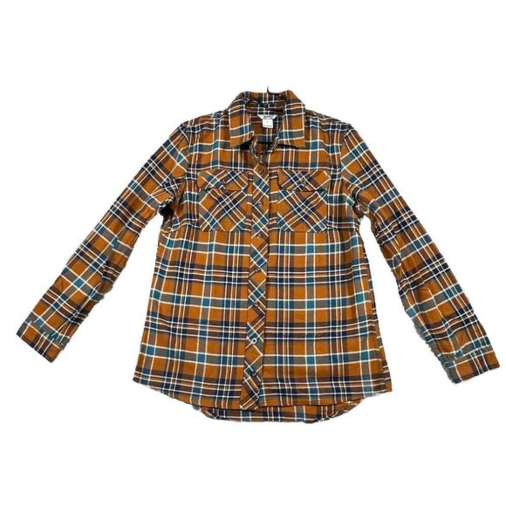 Duluth Trading Co. womens  S Orange & Blue Long Sleeve Button Down Flannel Shirt